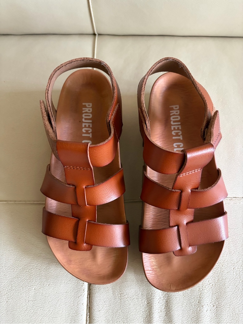Project City Tan Leather Strappy Sandals with Adjustable Ankle